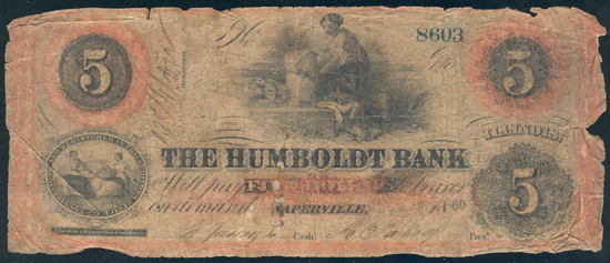 $5 Obsolete Banknote, The Humboldt Bank, Naperville, IL PCGS Good-6.