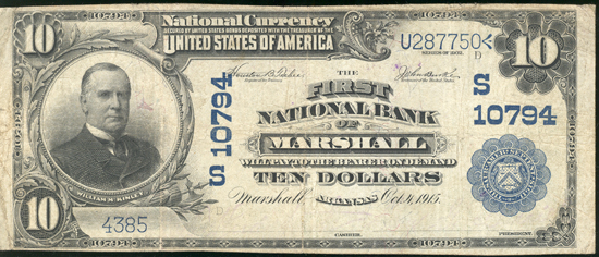 1902 $10 Marshall, AR Charter# 10794 Blue Seal F.