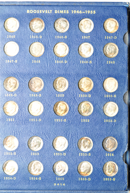 Collections of Roosevelt dimes and Eisenhower dollars in Whitman albums