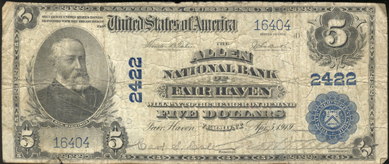 1902 $5 Fair Haven, VT Charter# 2422 Blue Seal F.