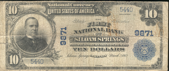 1902 $10 Siloam Springs, AR Charter# 9871 Blue Seal VG.