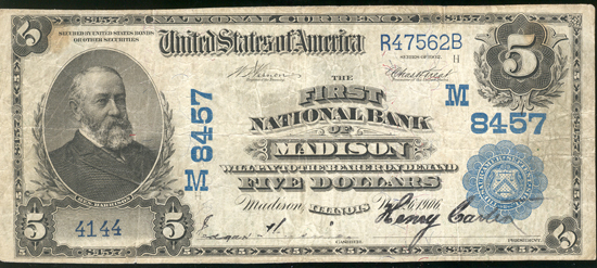 1902 $5 Madison, IL Charter# 8457 Blue Seal F.