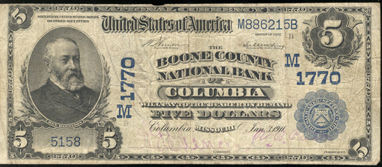 1902 $5.00. Columbia, MO Charter# 1770 Blue Seal. F.