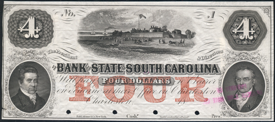 $4 Obsolete Banknote, Bank of the State of South Carolina, Charleston, SC PCGS AU-50/small edge tear.