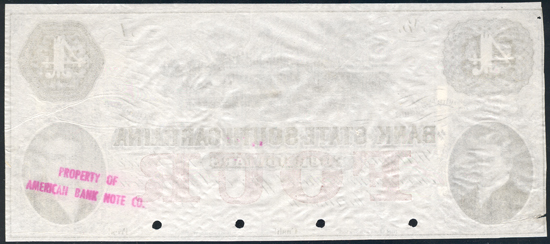 $4 Obsolete Banknote, Bank of the State of South Carolina, Charleston, SC PCGS AU-50/small edge tear.