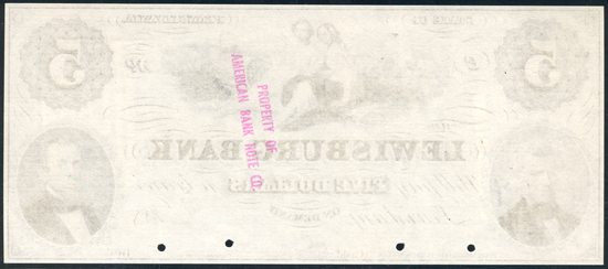 $5 Obsolete Banknote, Lewisburg Bank, Lewisburg, PA PCGS GemCU-66PPQ/hole punch cancelled.