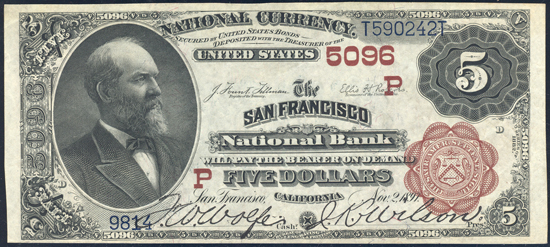 1882 $5 San Francisco, CA Charter# 5096 Brown Back PCGS CU-63PPQ.