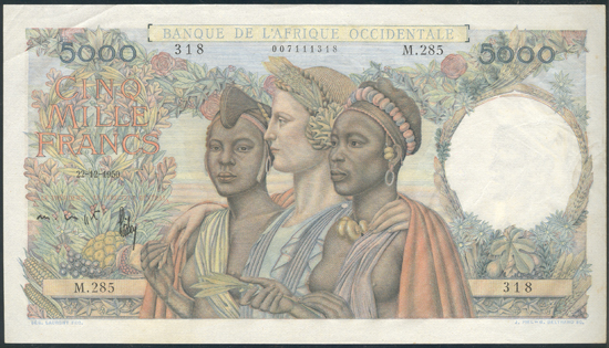 French West Africa - 1947-50 5000 Francs  PCGS AU-50.