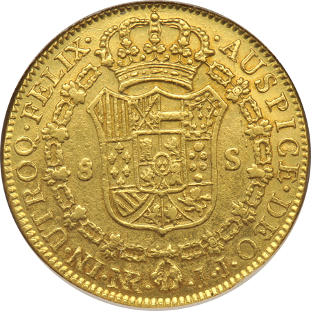 Spain - Colonial 1787-JJ 8-escudos, XF details/cleaned.