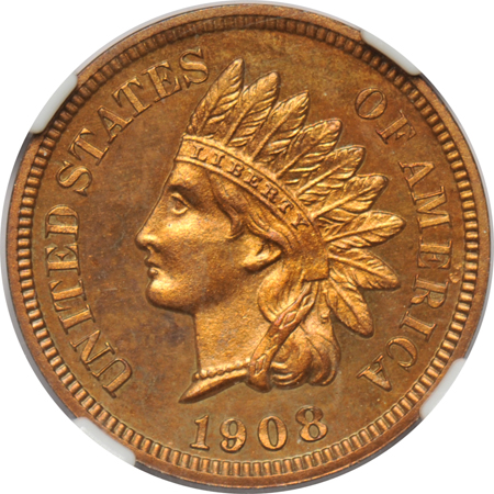 1908 Indian-head cent NGC PF-63 RB, and a 1904 Liberty nickel NGC PF-64.