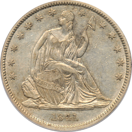 1841 Seated half-dollar PCGS AU-50 CAC, and an 1871 Seated dollar PCGS VF-35.