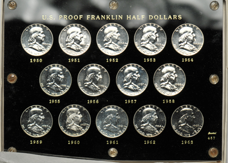 Collection of fourteen Proof Franklin half-dollars, 1950 through 1963, in a Capital Plastics holder.