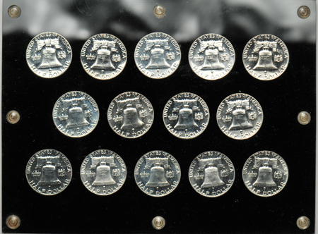 Collection of fourteen Proof Franklin half-dollars, 1950 through 1963, in a Capital Plastics holder.