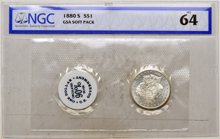 1878 7TF Reverse of 78 GSA Soft Pack NGC VF-35, and an 1880-S GSA Soft Pack NGC MS-64.