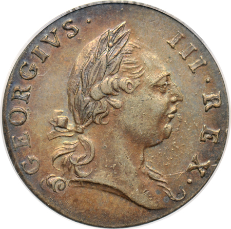 1773 Virginia halfpenny, with period after GEORGIVS, PCGS AU-58.