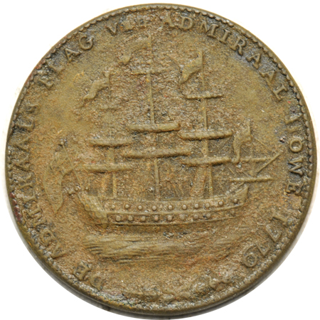 1779 Rhode Island Ship Medal, Wreath Below Ship (Breen-1141) AU details/corroded.