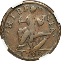 1760 No 'P' Hibernia Voce Populi halfpenny NGC XF-45 BN.