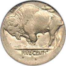 1934-D Buffalo nickel, 10-percent off-center, AU.