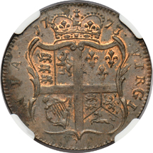 1773 Virginia halfpenny, with period after GEORGIVS, NGC MS-62 BN.