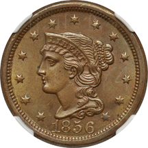 1856 large cent and half dime, both NGC MS-64.