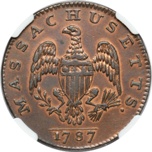 1787 Massachusetts cent (Ryder 3-G, R.3), NGC AU details/improperly cleaned.