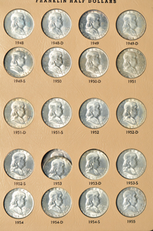 Collection of mostly BU Franklin half-dollars in a Dansco 7165 album.