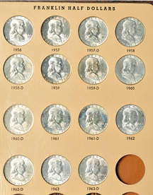 Collection of mostly BU Franklin half-dollars in a Dansco 7165 album.