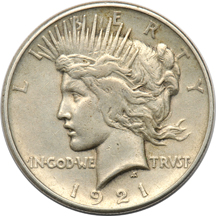 Eleven 1921 Peace dollars, as described.