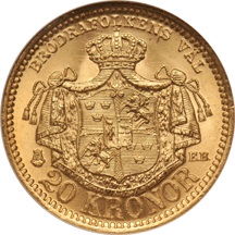 Sweden - 1889-EB 20-Kronor, .2593 oz. gold, NGC MS-65.
