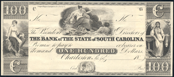 $100 Special Proof Obsolete Bank Note, Bank of the State of South Carolina, Charlestown, SC PCGS AU-55PPQ.