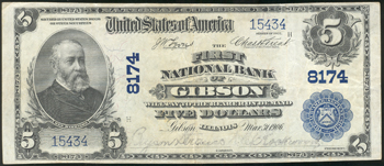 1902 $5 Gibson, IL Charter# 8174 Blue Seal VF.