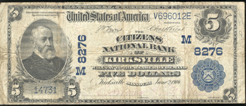 1902 $5 Kirksville, MO Charter# 8276 Blue Seal F.