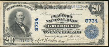 1902 $20 Greenville, IL Charter# 9734 Blue Seal VF/pinholes.