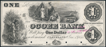 $1 Obsolete Banknote, Ocoee Bank, Cleveland, TN PCGS AU-58/hole punch cancelled.