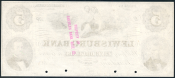 $5 Obsolete Banknote, Lewisburg Bank, Lewisburg, PA PCGS GemCU-66PPQ/hole punch cancelled.