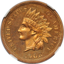 1908 Indian-head cent NGC PF-63 RB, and a 1904 Liberty nickel NGC PF-64.