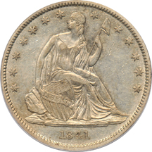 1841 Seated half-dollar PCGS AU-50 CAC, and an 1871 Seated dollar PCGS VF-35.