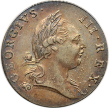 1773 Virginia halfpenny, with period after GEORGIVS, PCGS AU-58.