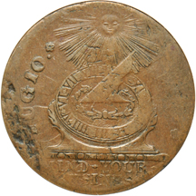 1787 Fugio copper, STATES UNITED 4 CINQ (K-13X) ANACS VF-30.