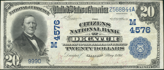 1902 $20 Decatur, IL Charter# 4576 Blue Seal XF.