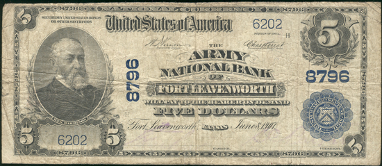 1902 $5 Fort Leavenworth, KS Charter# 8796 Blue Seal F.