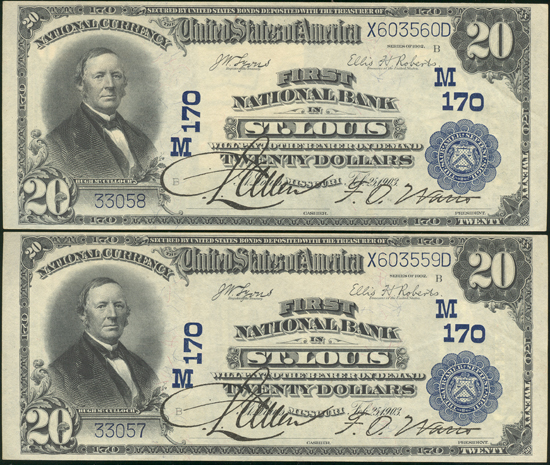 Pair of 1902 $20 St. Louis, MO Charter# 170 Blue Seal XF.