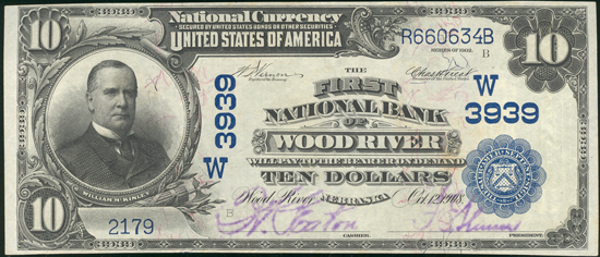 1902 $10 Wood River, NE Charter# 3939 Blue Seal AU.