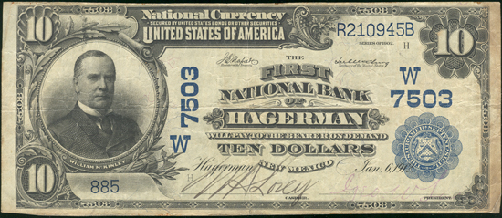 1902 $10 Hagerman, NM Charter# 7503 Blue Seal VF.