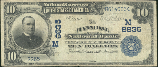 1902 $10 Hannibal, MO Charter# 6635 Blue Seal Date Back F.