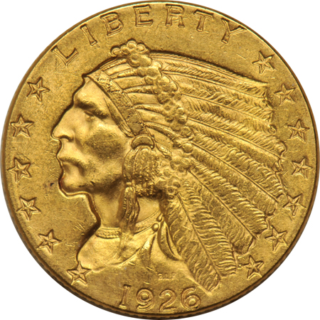 Group of five Indian-Head quarter eagles.