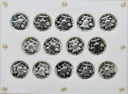 Collection of Proof Franklin half-dollars, 1950 through 1963, in a Capital Plastics holder.