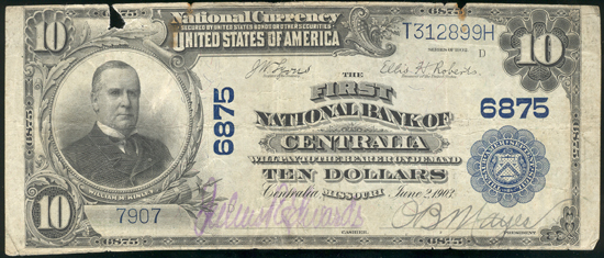 1902 $10 Centralia, MO Charter# 6875 Blue Seal VG/splits/missing piece.