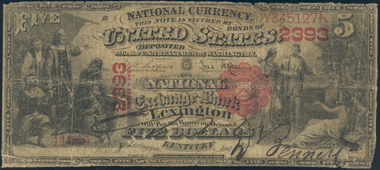 1875 $5 Lexington, KY Charter# 2393 Scallops PCGS VF/edge splits/repairs/ink erosion.