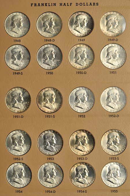 Complete collection of Franklin half-dollars in a Dansco 7165 album.